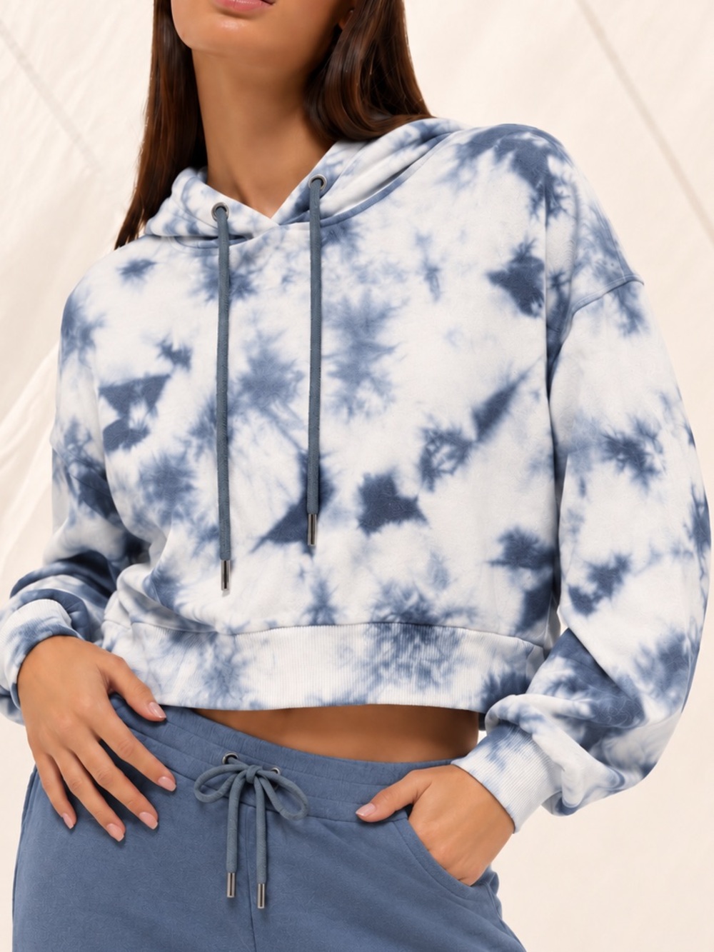 AS Revival Blue White Tie Dye Cropped Pullover Hoodie Sweatshirt M